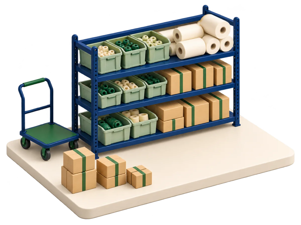 A miniature navy stock rack with sage parts bins, material rolls, cartons and a hand trolley.